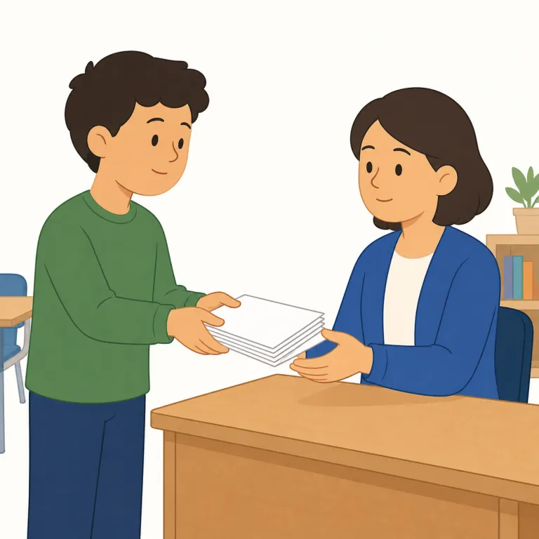 hand in（提出する・句動詞）の覚え方イラスト — この hand in は、課題や書類を先生・上司・受付など決まった相手に「提出する」意味です