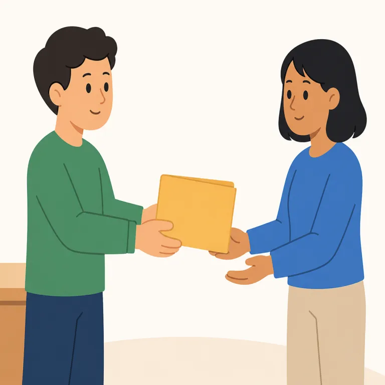 hand off（を渡す，引き継ぐ・句動詞）の覚え方イラスト — "hand（手）"で持っていたものを"off（自分から離して）"相手側へ出す、と映像で覚えると定着しやすいです
