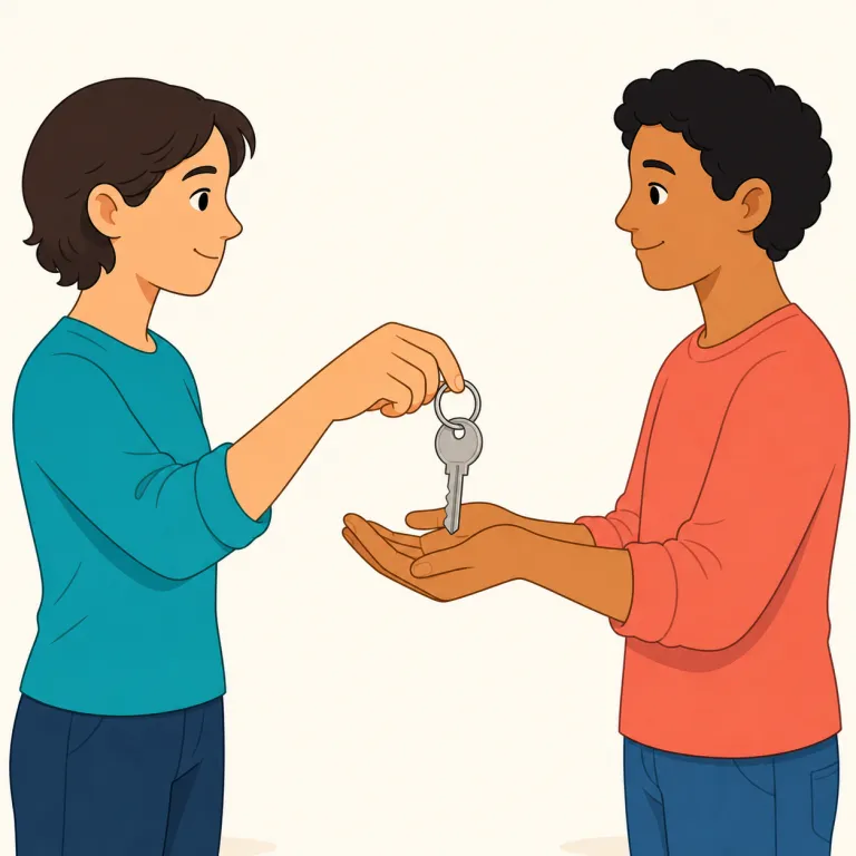hand over（引き渡す・句動詞）の覚え方イラスト — まず hand を「手」、over を「向こう側へ」と分けて捉えると覚えやすいです