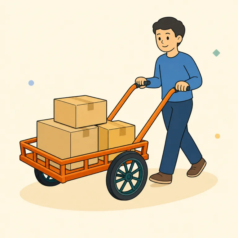 handcart（手押し車・名詞）の覚え方イラスト — hand と cart がそのまま合体した語で、「手で扱う荷車」と読むと定着しやすいです