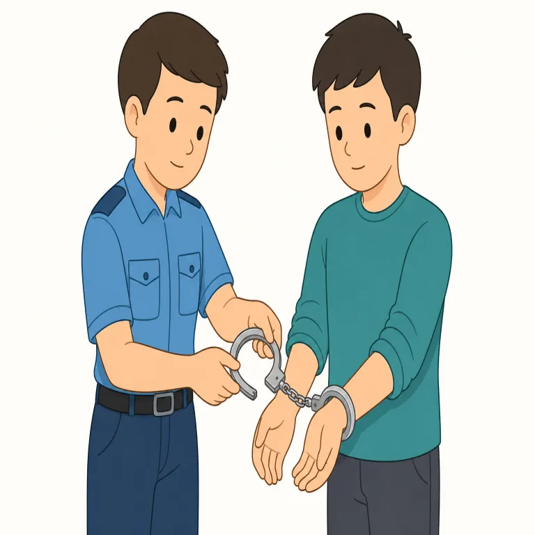 handcuff（手錠をかける・動詞）の覚え方イラスト — hand + cuff で覚えると残りやすいです