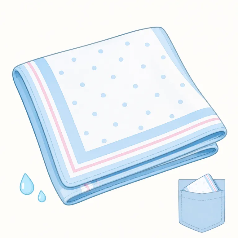 handkerchief（ハンカチ・名詞）の覚え方イラスト — hand が見えるので、まず「手で持って使う小さな布」と固定すると覚えやすい語です