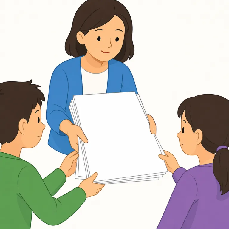 handout（配布資料・名詞）の覚え方イラスト — handout は hand out「手渡して配る」からできた名詞で、このエントリでは「配布資料」を表します