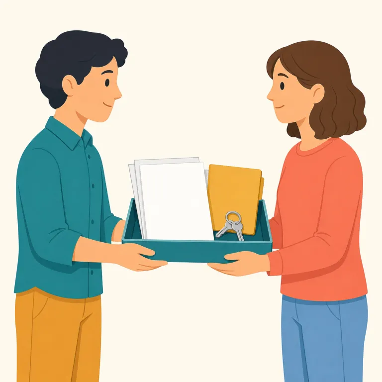handover（引き継ぎ・名詞）の覚え方イラスト — hand over は、仕事や物を「相手の手へ渡す」という基本イメージです