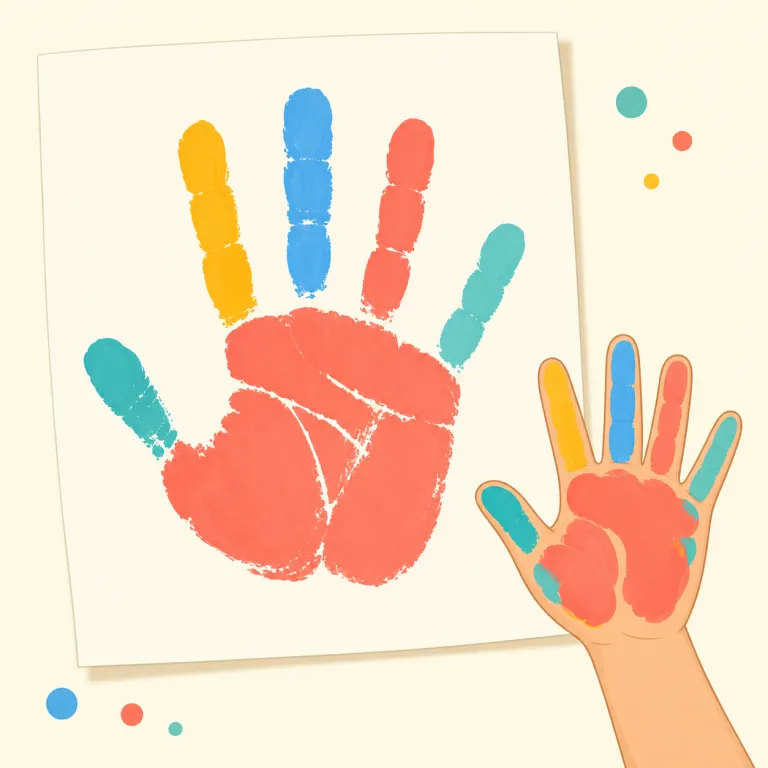 handprint（手形・名詞）の覚え方イラスト — hand + print で、そのまま「手で押して残る跡」と分けると覚えやすいです