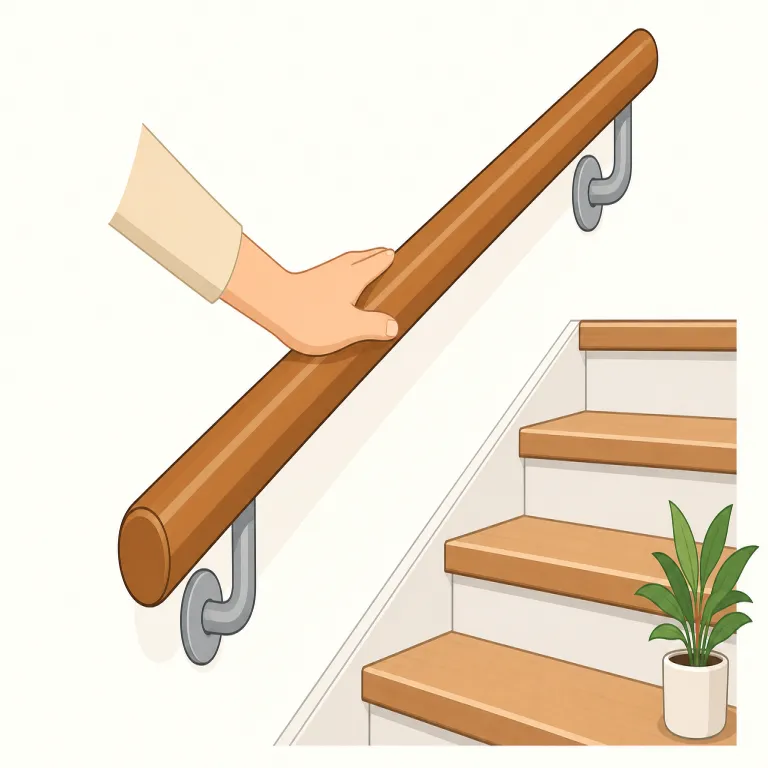 handrail（手すり・名詞）の覚え方イラスト — handrail は hand「手」+ rail「細長い棒」と考えると、手でつかむために設けられた横棒を表す語として覚えやすいです