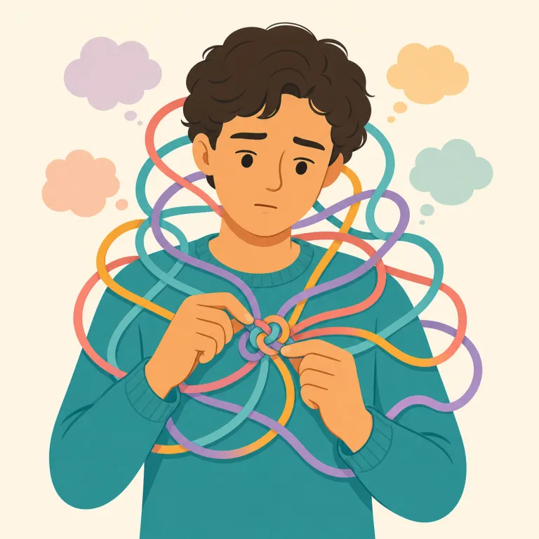 hang-up（心の悩み・名詞）の覚え方イラスト — 心が問題に「引っ掛かっている」状態を hang-up と捉え、「なかなか手放せない心の悩み」と覚えると定着しやすい語です