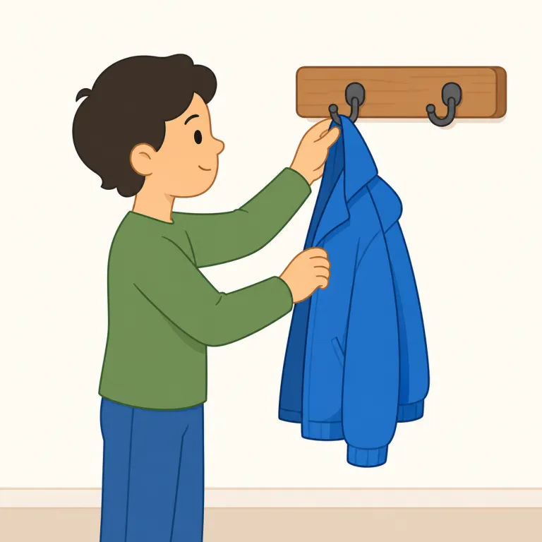 hang（掛ける・動詞）の覚え方イラスト — hang は、物を壁・フック・ハンガーなどに「掛ける」動作として覚えるとよいです
