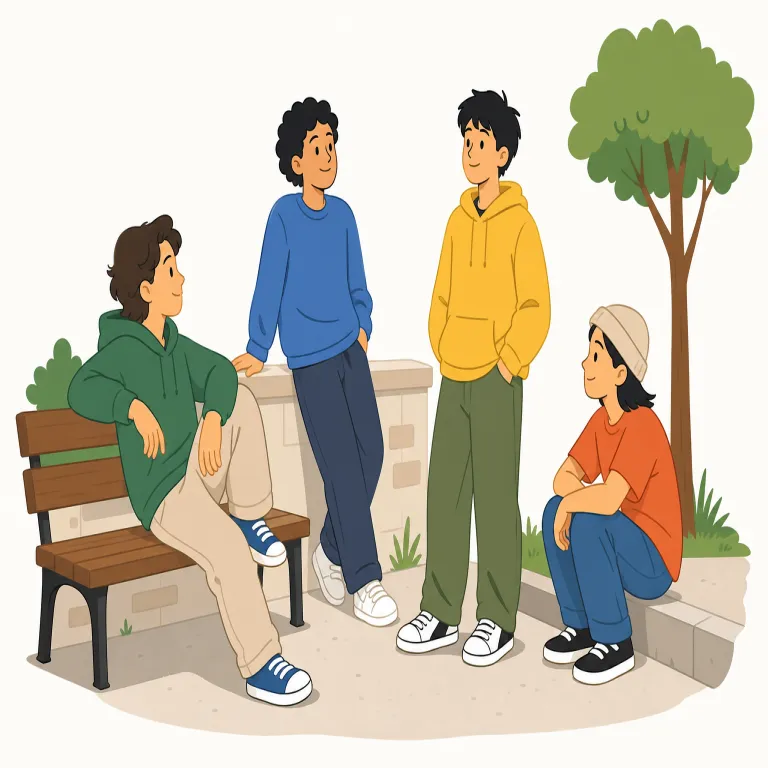 hang around（ぶらぶらする・句動詞）の覚え方イラスト — hang は「ぶら下がる」だけでなく、「その場にとどまる」イメージでも使われます