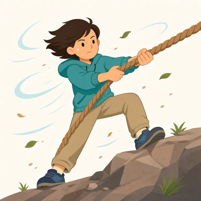 hang in（あきらめない・句動詞）の覚え方イラスト — hang は「ぶら下がる」なので、hang in は困難な状況の中にぶら下がったまま落ちないイメージで覚えると自然です