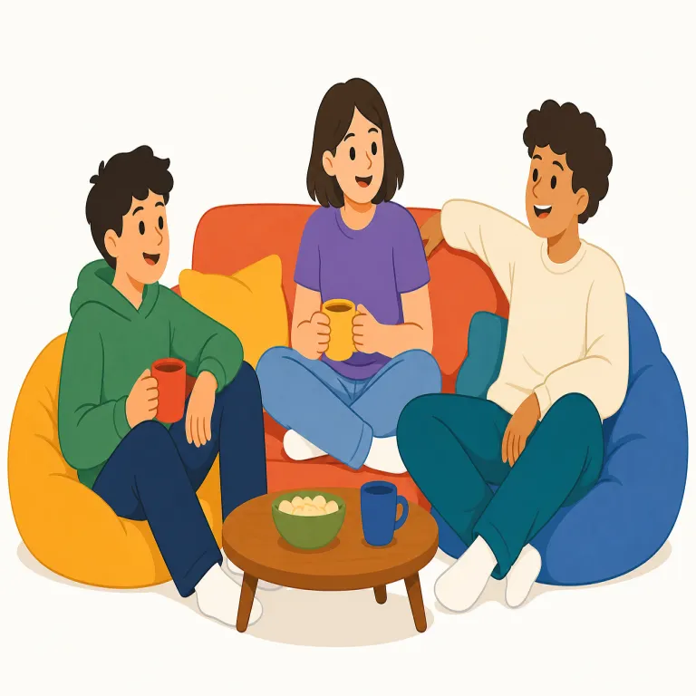 hang out（（友達と）のんびり過ごす、遊ぶ・句動詞）の覚え方イラスト — この意味の hang out は、人が友達と気楽に時間を過ごす場面で使うくだけた表現です