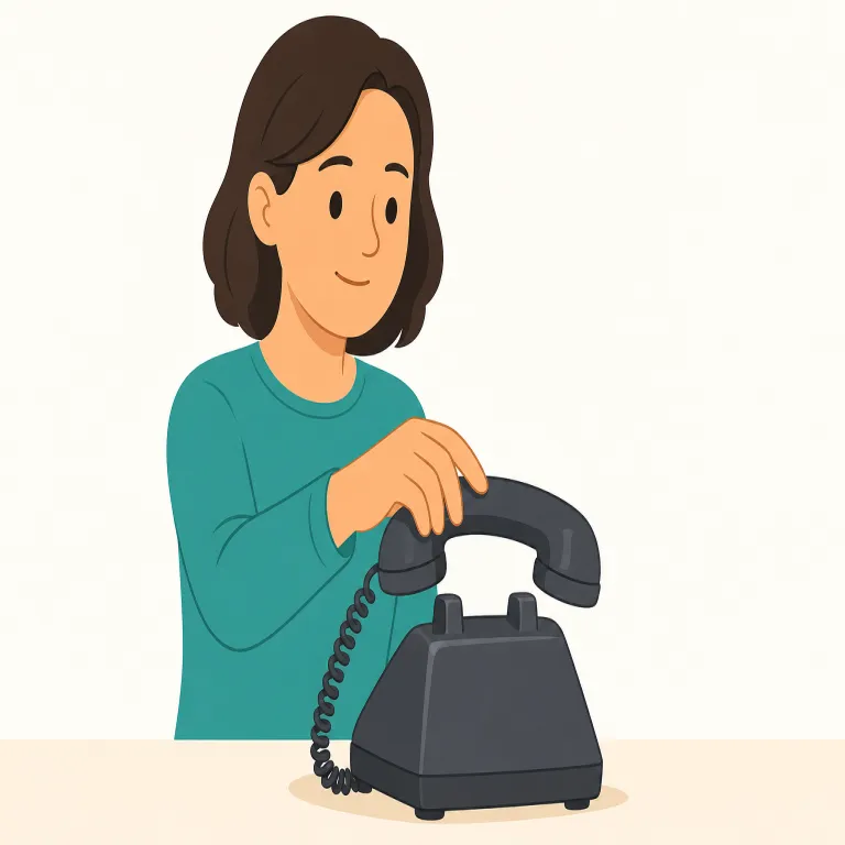 hang up（電話を切る・句動詞）の覚え方イラスト — 電話での hang up は、通話を終わらせて「電話を切る」動作として覚えます