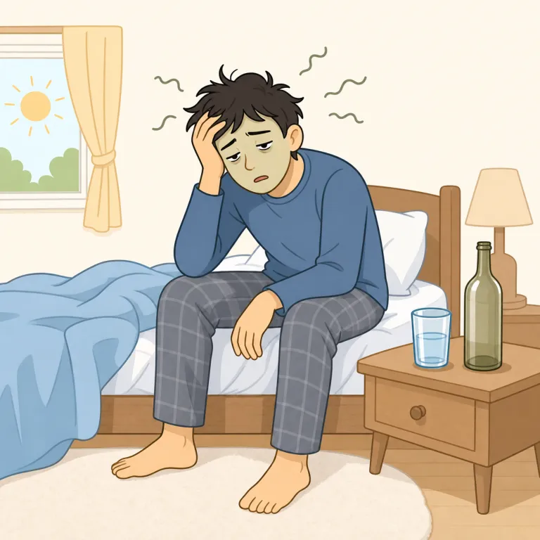 hangover（二日酔い・名詞）の覚え方イラスト — `hangover` の「二日酔い」は、飲酒の影響が翌日まで `hang over`「上にぶら下がって残る」感じで覚えると自然です