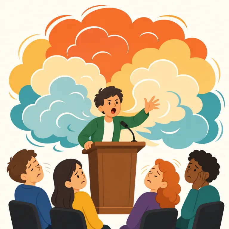 harangue（熱弁・激しい演説・名詞）の覚え方イラスト — speech や talk よりずっと感情が強く、聞き手を圧倒する長広舌という位置づけで覚えると定着しやすい語です