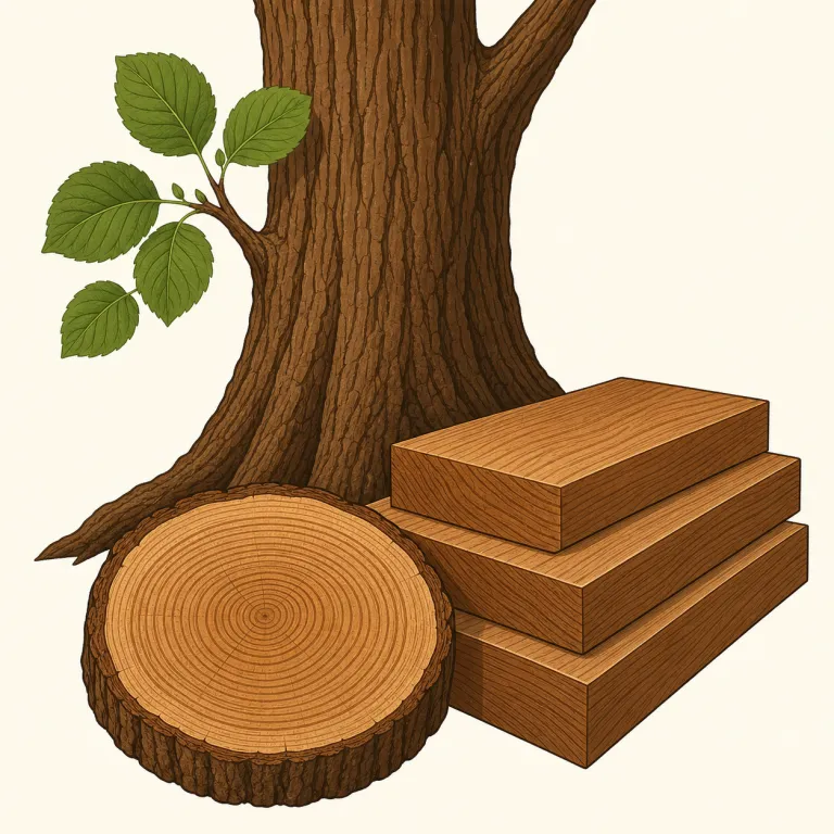hardwood（広葉樹材・名詞）の覚え方イラスト — `hard + wood` の直球な複合語なので、まず「硬い木」と分解して覚えると定着しやすいです