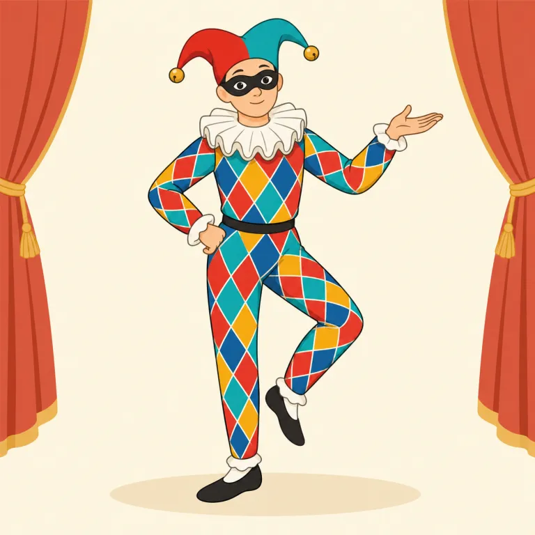 harlequin（道化師・名詞）の覚え方イラスト — clown や jester が広い意味の「道化役」なのに対し、harlequin は菱形模様の派手な衣装まで思い浮かぶ、かなり見た目のはっきりした語として覚えると残りやすいです