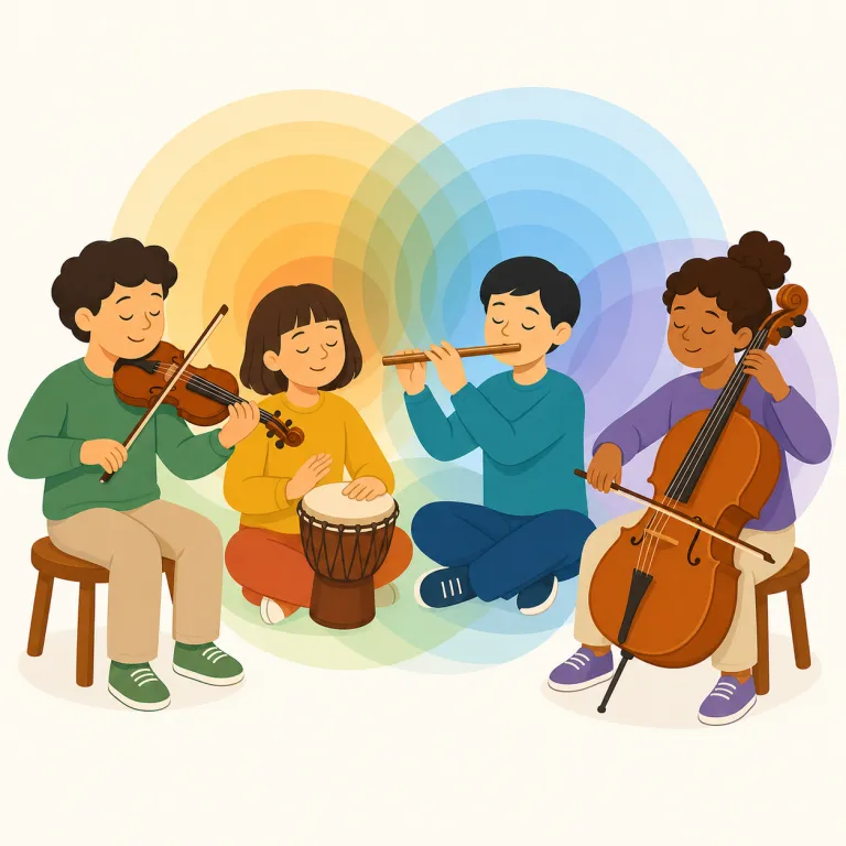 harmonious（調和のとれた・形容詞）の覚え方イラスト — harmony「調和」から考えると、この harmonious は複数の要素がぶつからず、全体として美しくまとまっている状態を表します