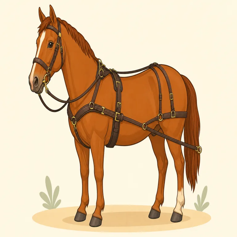 harness（馬具・名詞）の覚え方イラスト — harness は「馬をつないで操るための装具一式」と覚えると、馬具の意味に結びつきます