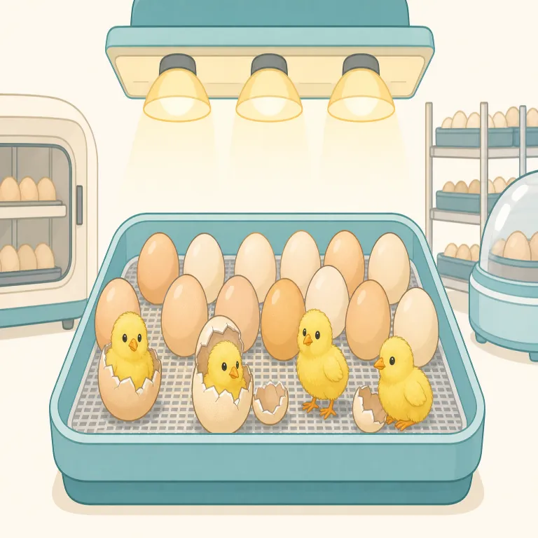 hatchery（孵化場・名詞）の覚え方イラスト — まず動詞 hatch を「卵がかえる」「計画が生まれる」で覚えると、hatchery は hatch + -ery で「それを行う場所」と見抜けます