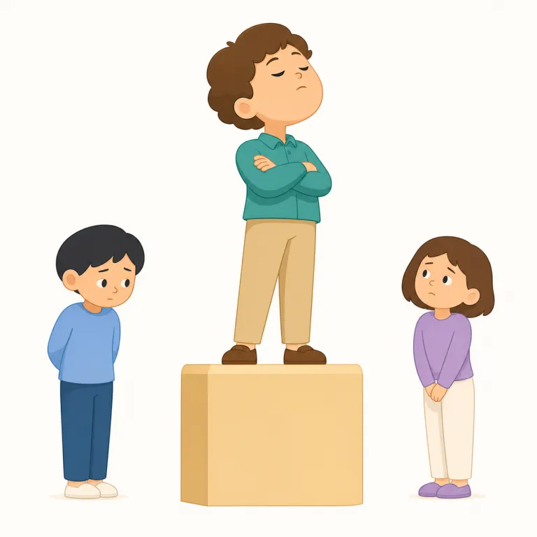 haughty（傲慢な・形容詞）の覚え方イラスト — proud は文脈次第で前向きですが、haughty は一段悪く、「自分は格上」として冷たく見下す感じです
