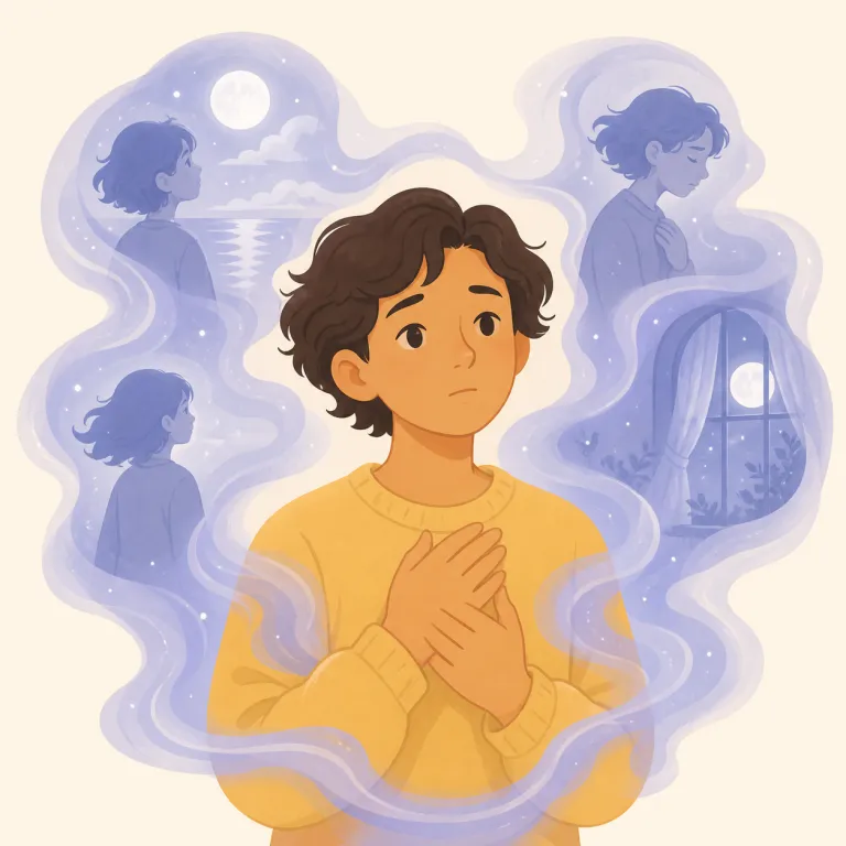 hauntingly（忘れられないほど・副詞）の覚え方イラスト — この語義では hauntingly を「不気味に」ではなく、「心に残って離れないほど」として覚えます