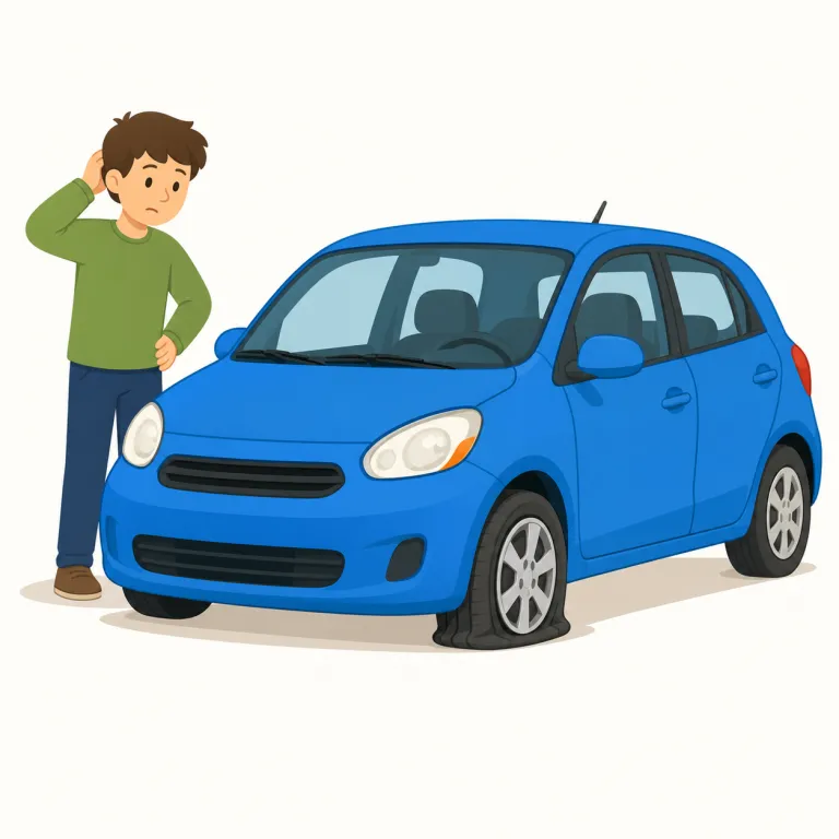 have a flat tire（パンクする・イディオム）の覚え方イラスト — flat は「平らな」、tire は「タイヤ」なので、まず「タイヤがぺちゃんこに平らになる絵」で覚えると定着しやすい表現です