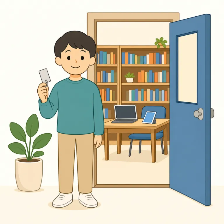 have access to（利用できる・イディオム）の覚え方イラスト — この意味では have access to を「中へ入れる」だけで止めず、「権限や環境があって実際に使える」と考えます