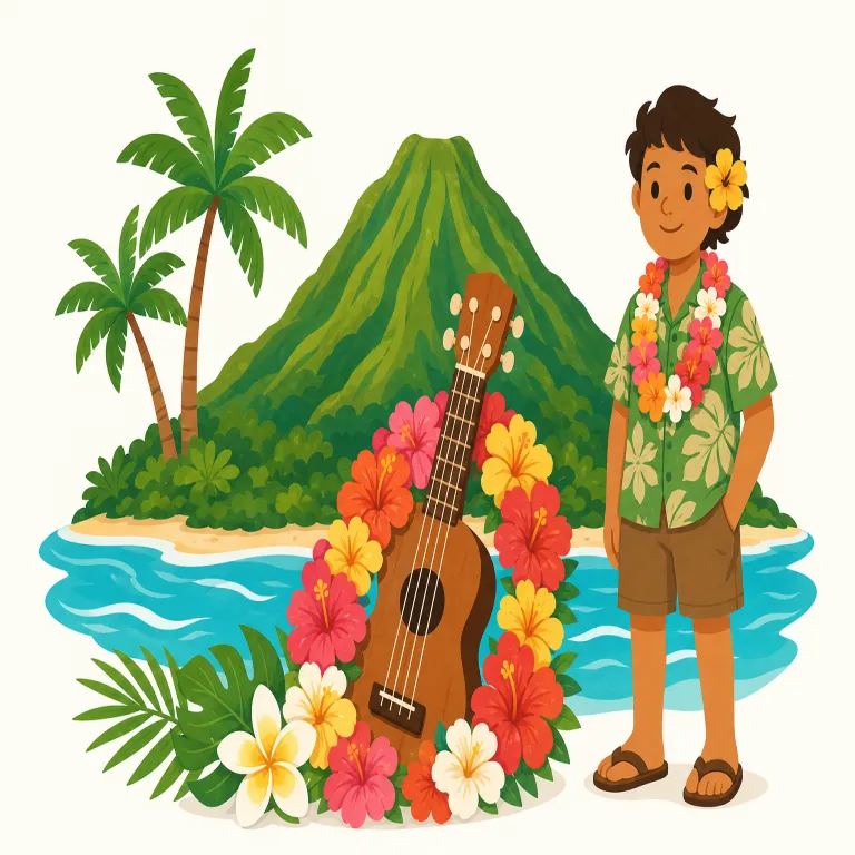 hawaiian（ハワイの、ハワイ人の、ハワイ語の・形容詞）の覚え方イラスト — まず Hawaii を知っていれば、Hawaiian は「Hawaii に属するもの」を表す形だと押さえると覚えやすいです