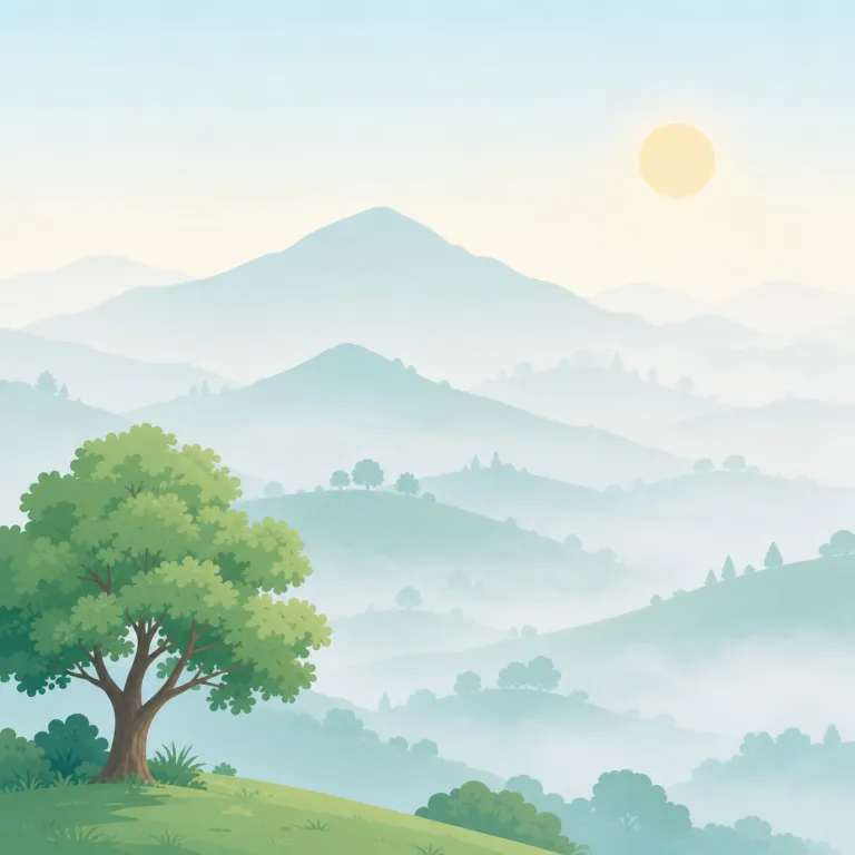 hazy（かすんでいる・形容詞）の覚え方イラスト — hazy は名詞 haze（もや・かすみ）に「〜の状態」を作る -y が付いた形で、「かすんでいる」という意味