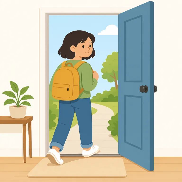 head out（出発する・句動詞）の覚え方イラスト — head は「頭」そのものより、動詞で「先頭に立つ・進み出す・向かう」の感覚で捉えると覚えやすいです