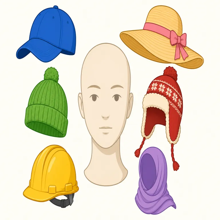 headwear（かぶり物・名詞）の覚え方イラスト — headwear は head（頭）+ wear（身につける物）と分けると、「頭に着ける物」という総称だとわかります