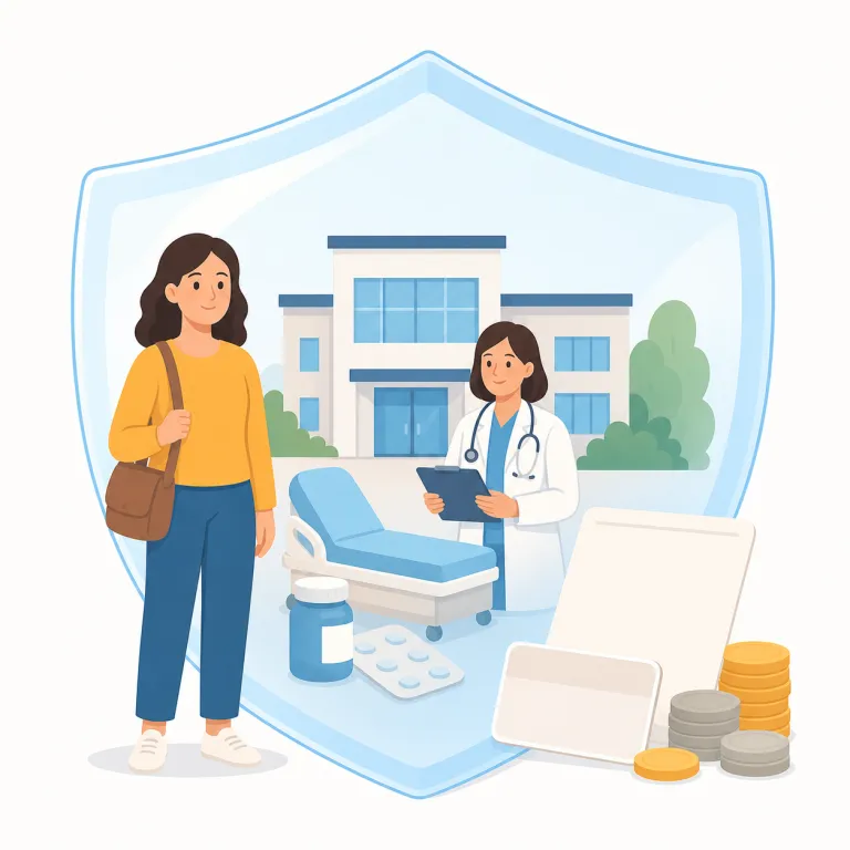health insurance（健康保険・名詞）の覚え方イラスト — まず insurance を「事故や損害のときにお金をカバーしてくれる仕組み」として覚えると、car insurance、travel insurance、life…