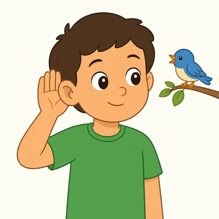 hear（聞く・動詞）の覚え方イラスト — このエントリでは hear を、単に音が耳に入る意味ではなく、発言・説明・訴えなどを正式に「聞く」場面の語として覚えます