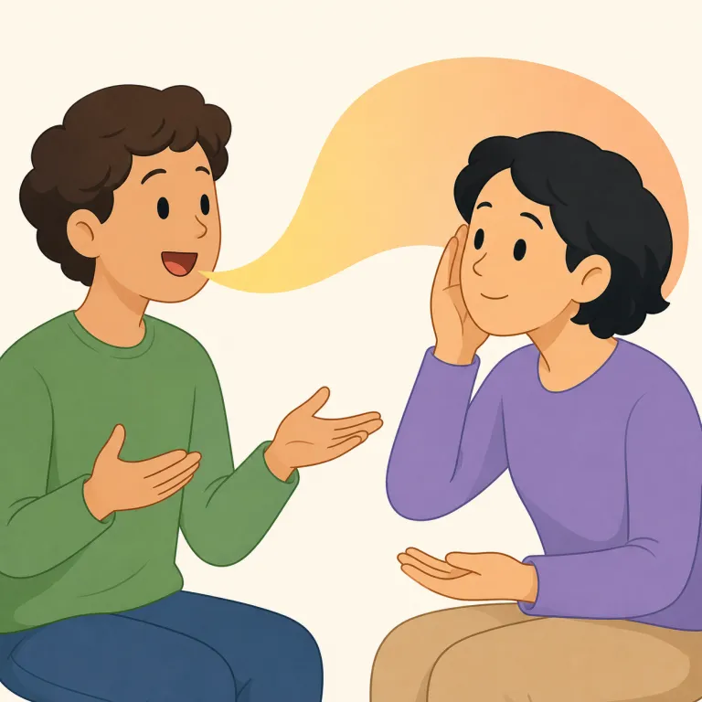 hear out（最後まで聞く・句動詞）の覚え方イラスト — hear だけだと「聞こえる／聞く」ですが、hear out は out が加わって「最後まで聞き切る」感覚になります