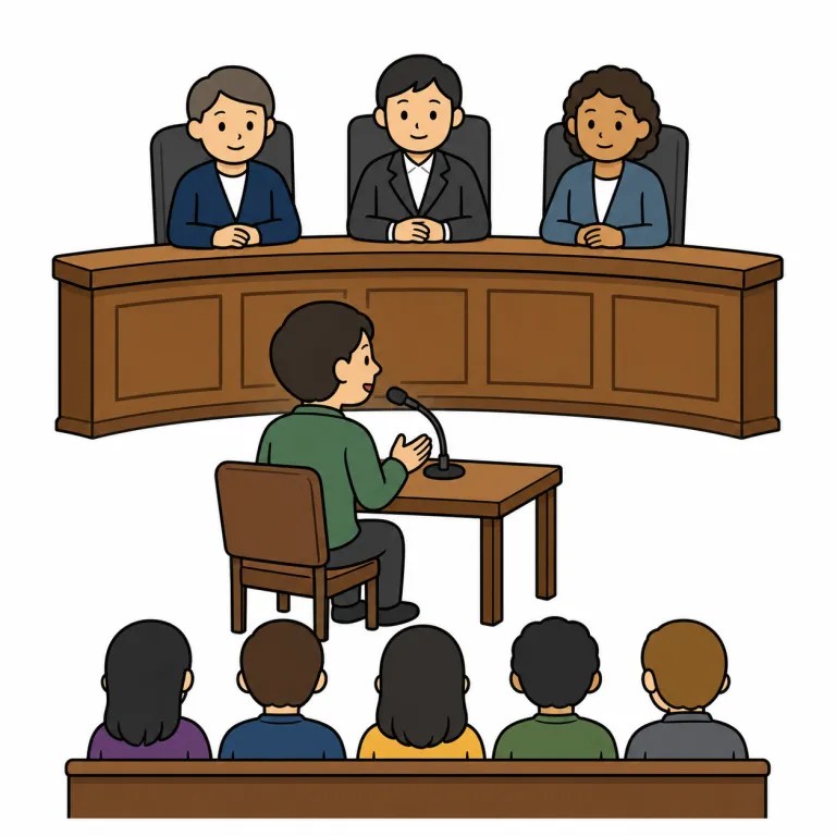 hearing（審問、公聴会・noun）の覚え方イラスト