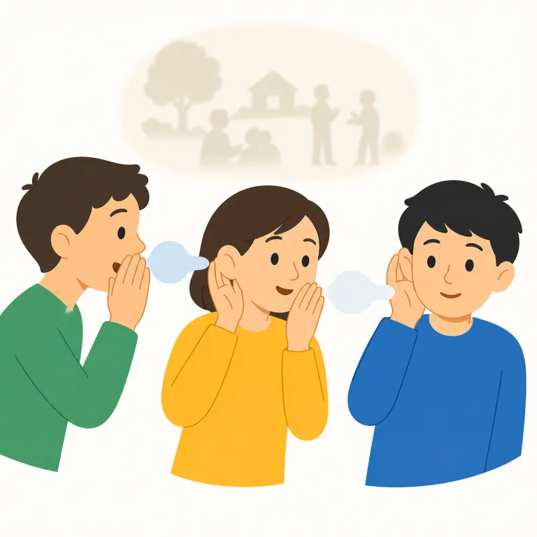 hearsay（伝聞・名詞）の覚え方イラスト — hear と say がそのまま並んだ語で、「自分で確認したのでなく、人から聞いた話をまた言うこと」と捉えると残りやすいです