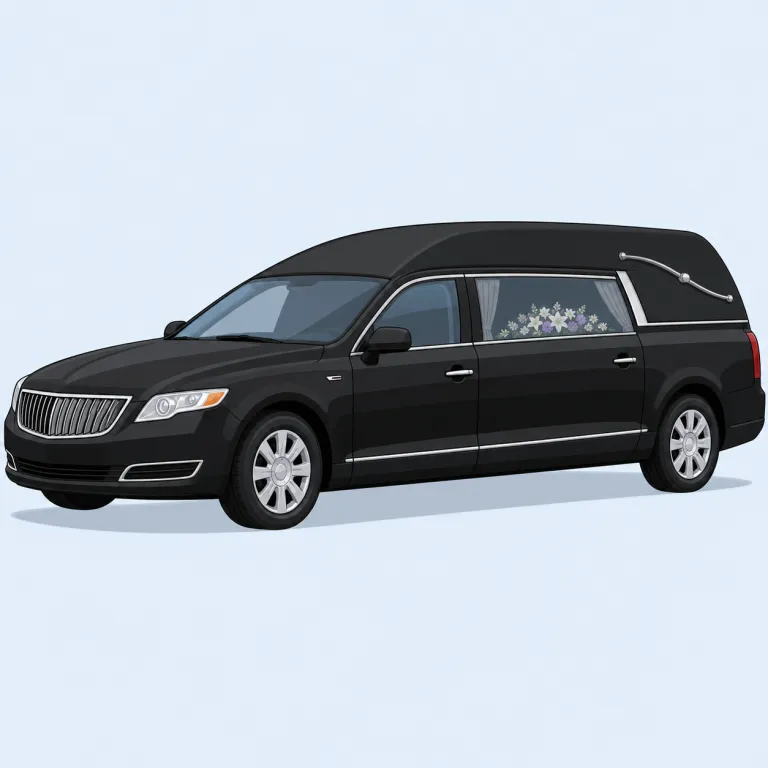 hearse（霊柩車・名詞）の覚え方イラスト — hearse は funeral（葬儀）, coffin（棺）, cemetery（墓地）とセットで覚えると定着しやすい名詞