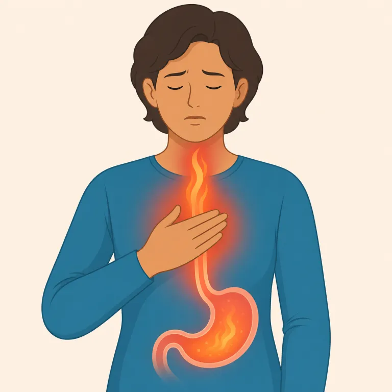 heartburn（胸焼け・名詞）の覚え方イラスト — heartburn は heart + burn で、「胸のあたりが焼ける感じ」とそのまま結びつけると覚えやすいです