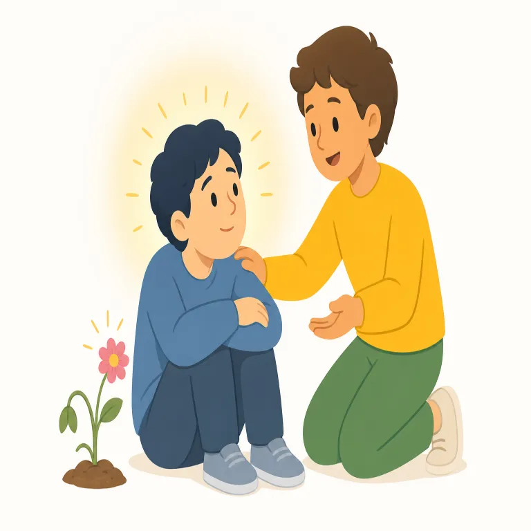 hearten（励ます・動詞）の覚え方イラスト — heart を知っていれば覚えやすい語で、hearten は「heart を与える」「心に力を入れる」と捉えるとよいです