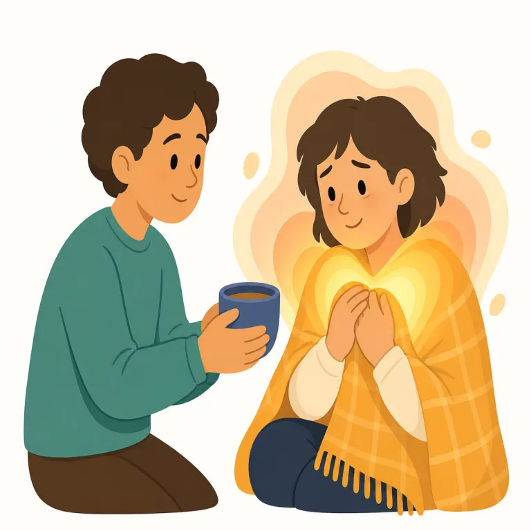 heartwarming（心温まる・形容詞）の覚え方イラスト — warm を「暖かい」だけでなく「人当たりがよい・親しみのある」まで含めて覚えると、heartwarming は直訳の「心を温める」から自然に入る
