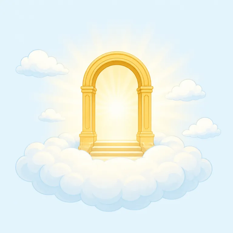 heaven（天国・名詞）の覚え方イラスト — この heaven は、空や天空そのものではなく、宗教的に「死後に善い人が行く場所」とされる天国を指す