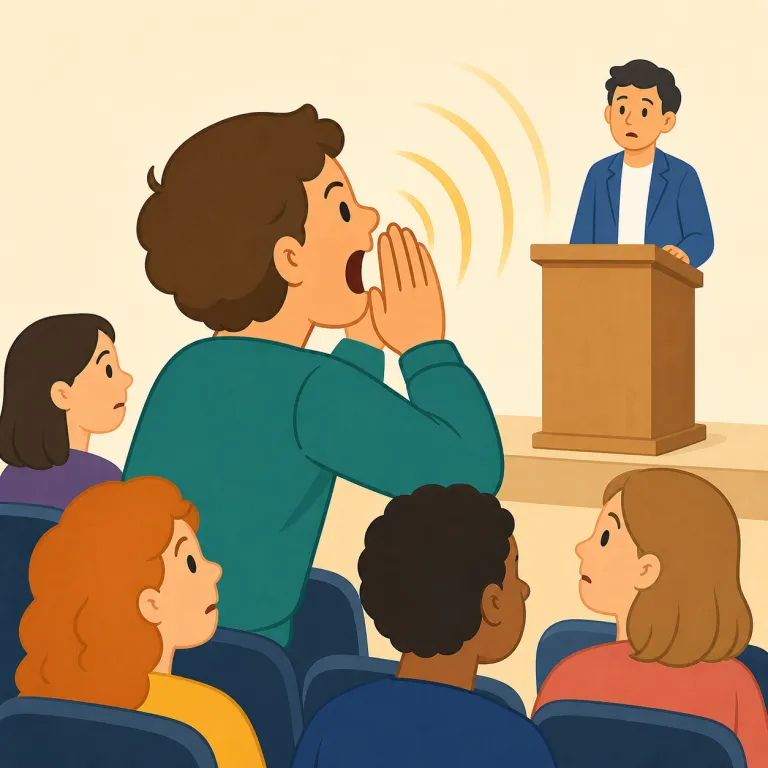 heckler（野次を飛ばす人・名詞）の覚え方イラスト — heckler はまず動詞 heckle「やじる」とセットで覚えると強いです