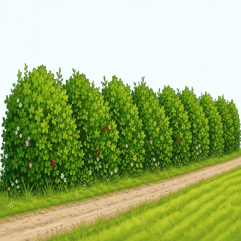 hedgerow（生け垣・名詞）の覚え方イラスト — まず hedge＝「生け垣・垣根」、row＝「列」をセットで覚えると、hedgerow は「垣根がずらっと一列に続くもの」と自然に取れます