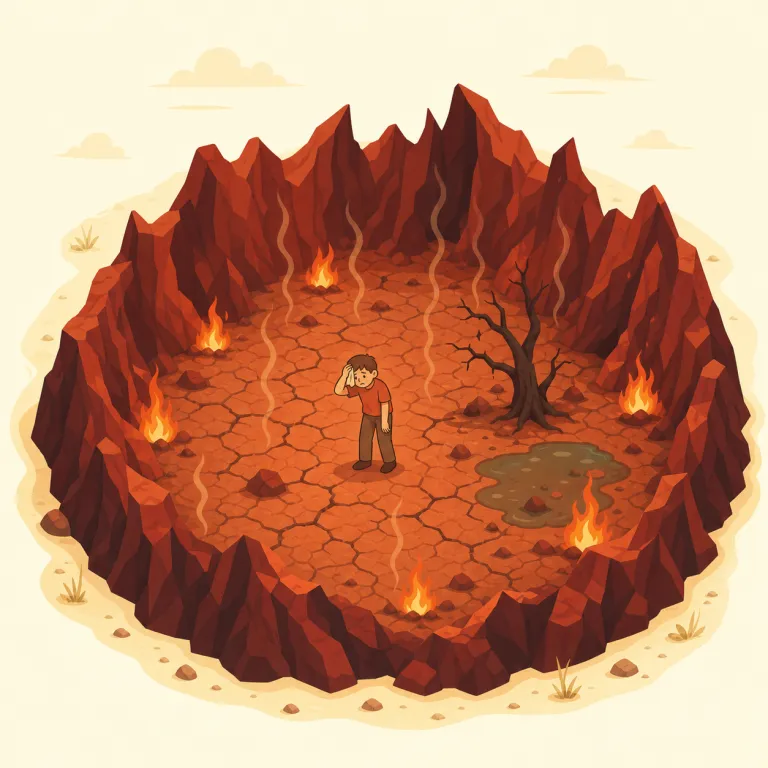 hellhole（地獄のような場所・名詞）の覚え方イラスト — hell と hole を知っていれば、「地獄みたいな穴＝入ったら終わりの場所」という強い映像で覚えられます