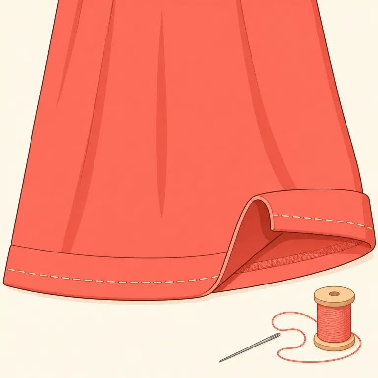 hem（裾・名詞）の覚え方イラスト — hem は服の“いちばん下の端”にある部分と、体の位置関係で覚えると定着しやすいです