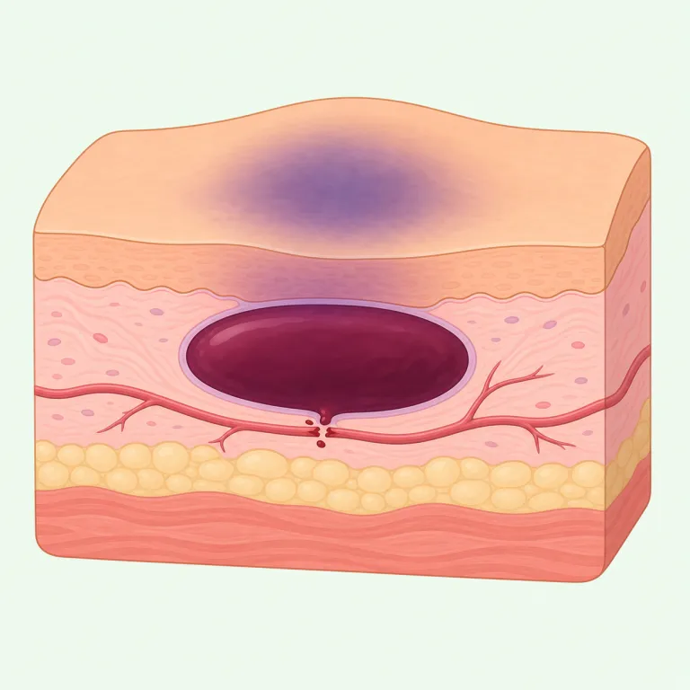 hematoma（血腫・名詞）の覚え方イラスト — hematology（血液学）や hemoglobin を見たことがあれば、hema-/hemo- は「血」に関係する合図だと覚えると定着しやすいです