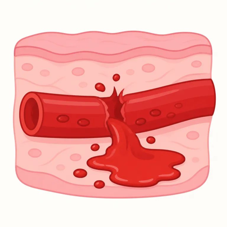 hemorrhage（出血・名詞）の覚え方イラスト — hemoglobin などで見る hemo- が「血」の合図だと覚えておくと、hemorrhage はまず血に関する重い医学語だと見抜きやすいです