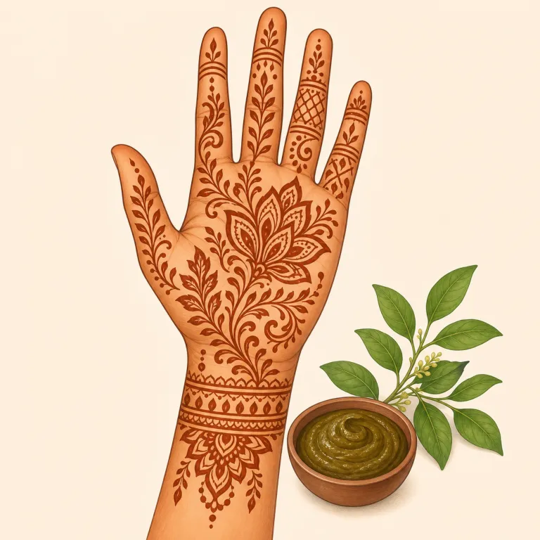 henna（ヘナ・名詞）の覚え方イラスト — henna は単独で覚えるより、`henna tattoo` `henna dye` `henna hair color` のまとまりで入れると残りやすい語です