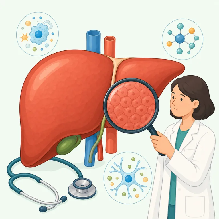 hepatology（肝臓学・名詞）の覚え方イラスト — `-logy` が付けばまず「〜学・学問分野」だと判断できます