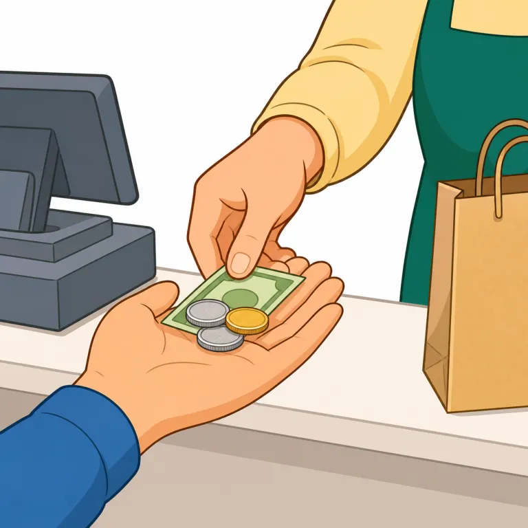 here is your change（おつりです・イディオム）の覚え方イラスト — "Here is your ..." は店員が何かを手渡すときの定番で、「はい、こちら〜です」の型として覚える